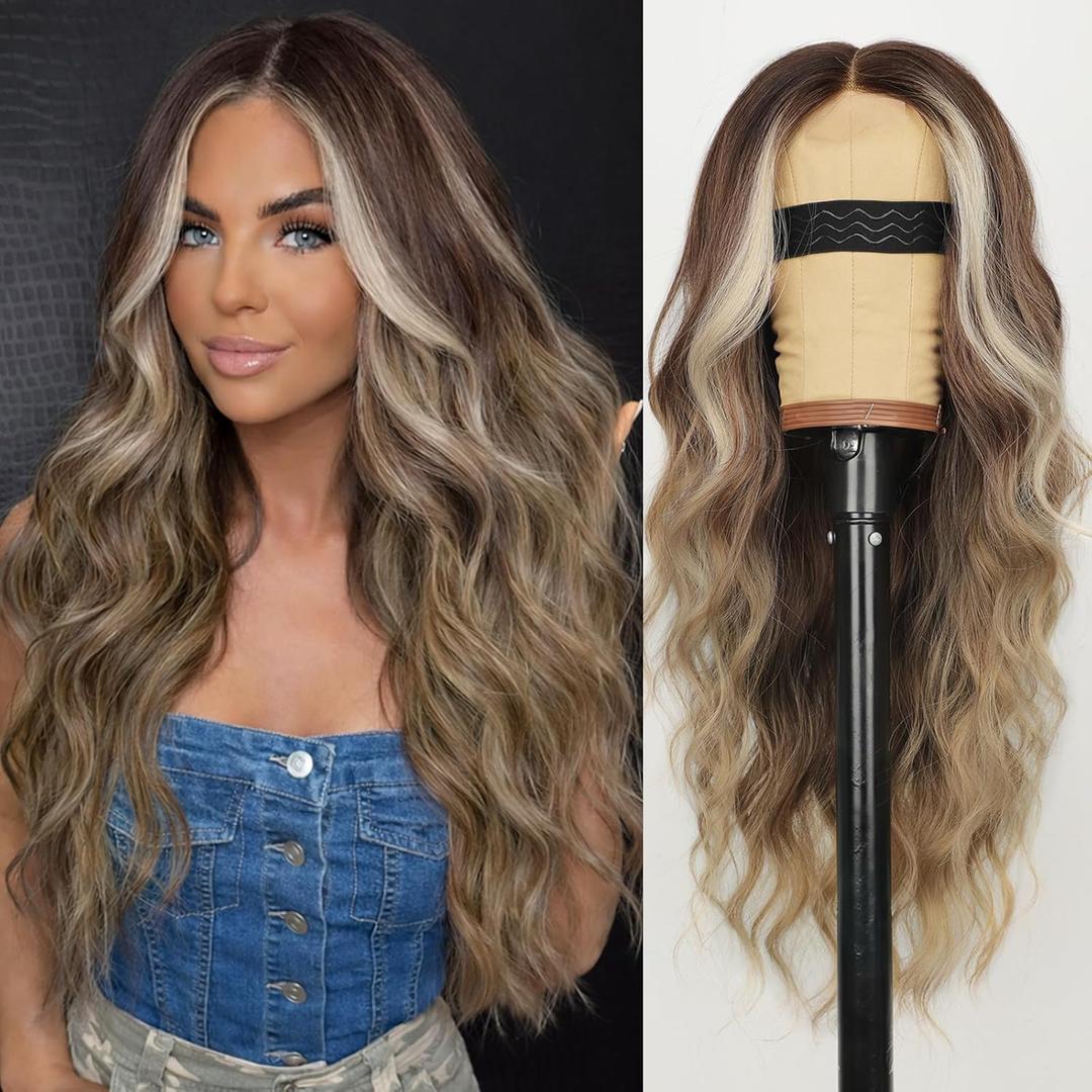 AISI HAIR Brown Balayage Blonde Wig for Women, Long Wavy Lace Hairline Middle Part Synthetic Heat Resistant Wig for Daily Party-26 Inch