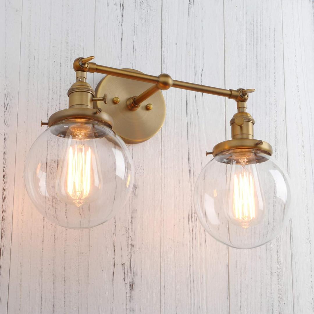 PERMO Double Sconce Vintage Antique 2 Lights Vantiy Light Brass Gold Dual Wall Sconces with 5.9" Round Clear Glass Globe Shade for Living Room Dining Room Kitchen Bedroom