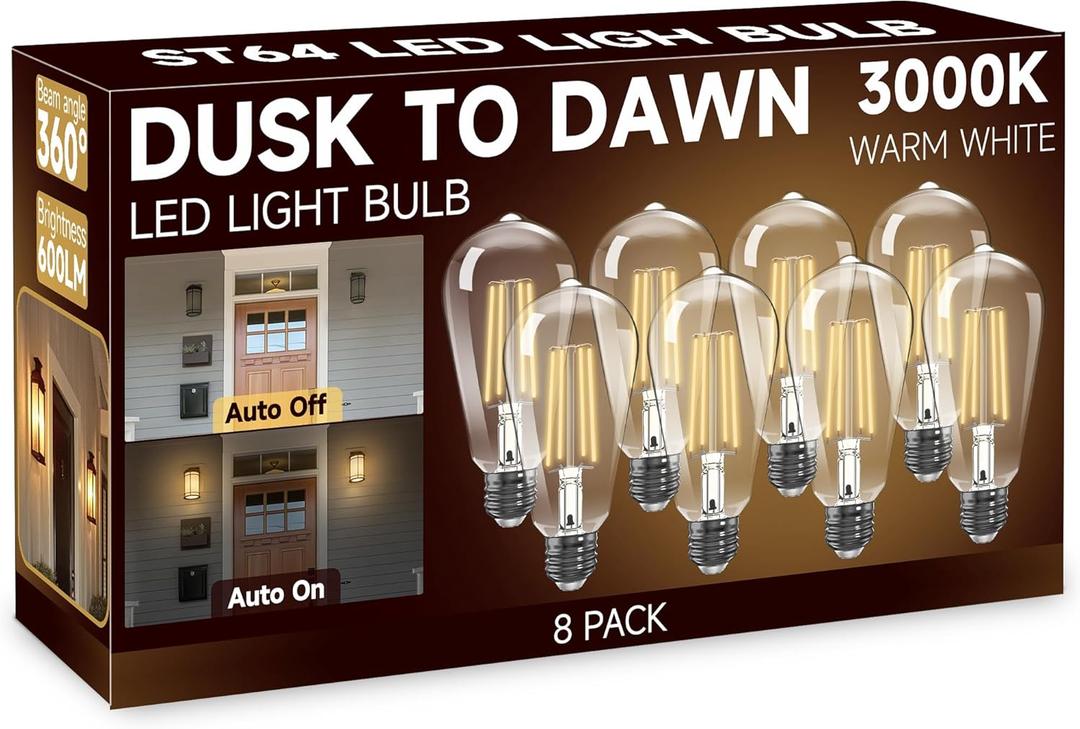 Dusk to Dawn Light Bulbs: Outdoor Light Bulbs, 6W Equivalent 60W Edison Bulbs, 3000K Warm White, Vintage 600LM LED Outdoor Lighting, E26 Base, Photocell Sensor, Automatic Bulb for Porch Patio, 8 Pack