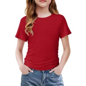 Arshiner Girls Shirts Side Ruched Short Sleeve Crewneck Fitted Tops Casual Summer Soft Tee Clothes 5-12 Years (Red)