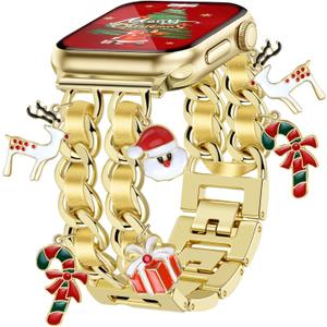 JR.DM Christmas Gold Watch Bands for Women Compatible with Apple Watch Band 42mm(S3/2/1) 44/45/46/49mm Adjustable Metal Bracelet for iWatch Series1/2/3/4/5/6/7/8/9/10/11 SE 3/2/1 Ultra1/2/3 (No Case)
