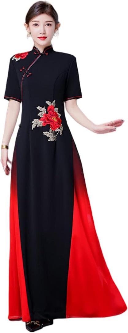 Vietnam Traditional Lace Chiffon Chi-pao Cheongsam Long Women's Dress Qipao Pageant Gala Evening Gown (5X-Large, Black)