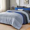 Oversized Queen Comforter Set, Blue Grey, 7 Pieces Bed in a Bag | Soft Lightweight Reversible Bedding Set(98"x98"), with Striped Comforter, Fitted & Flat Sheet, Pillowcases & Shams