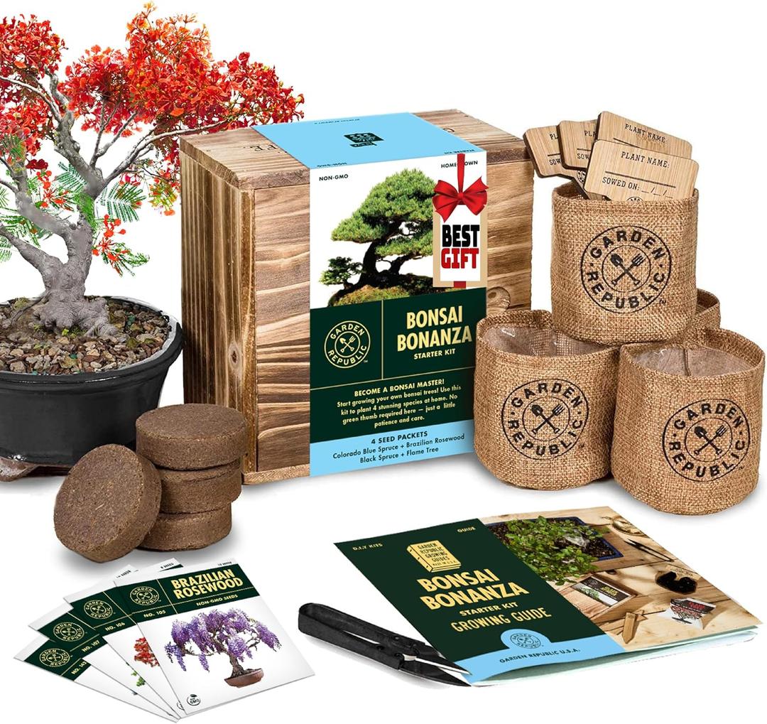Garden Republic Bonsai Tree Kit - Mini Bonsai Seeds, 4 Types - Seed Starter Plant Growing Kit - Potting Soil Jute Bags Pruning Shears Scissor Tool Plant Markers - Gardening Gifts (EXP 08/19/26)