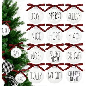 Christmas Decoration, 2.4 Inch 12PCS Farmhouse White Christmas Ornament with Buffalo Plaid Bows, Christmas Tree Decor, Set