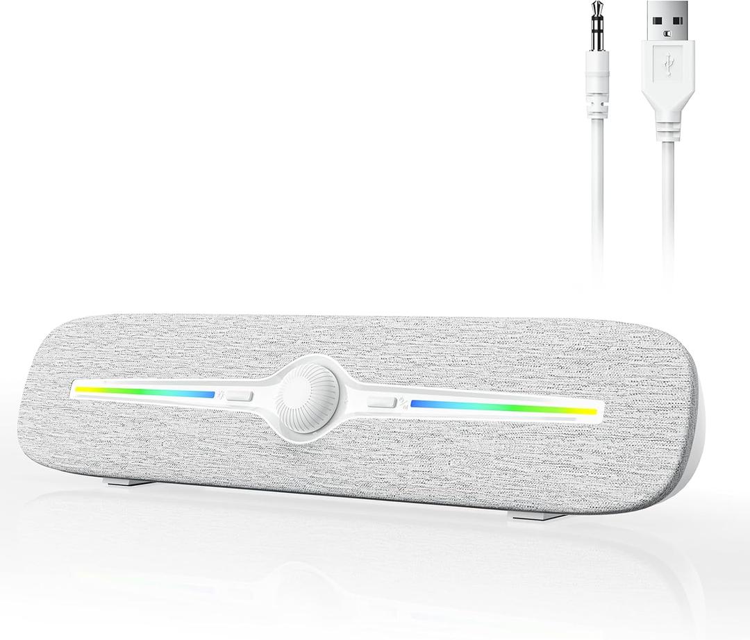 SOULION Computer Speakers for Desktop, USB Powered Bluetooth PC Speaker with Led Light, 3.5mm Aux Soundbar with Rotary Volume Control Button for Laptop Monitor White