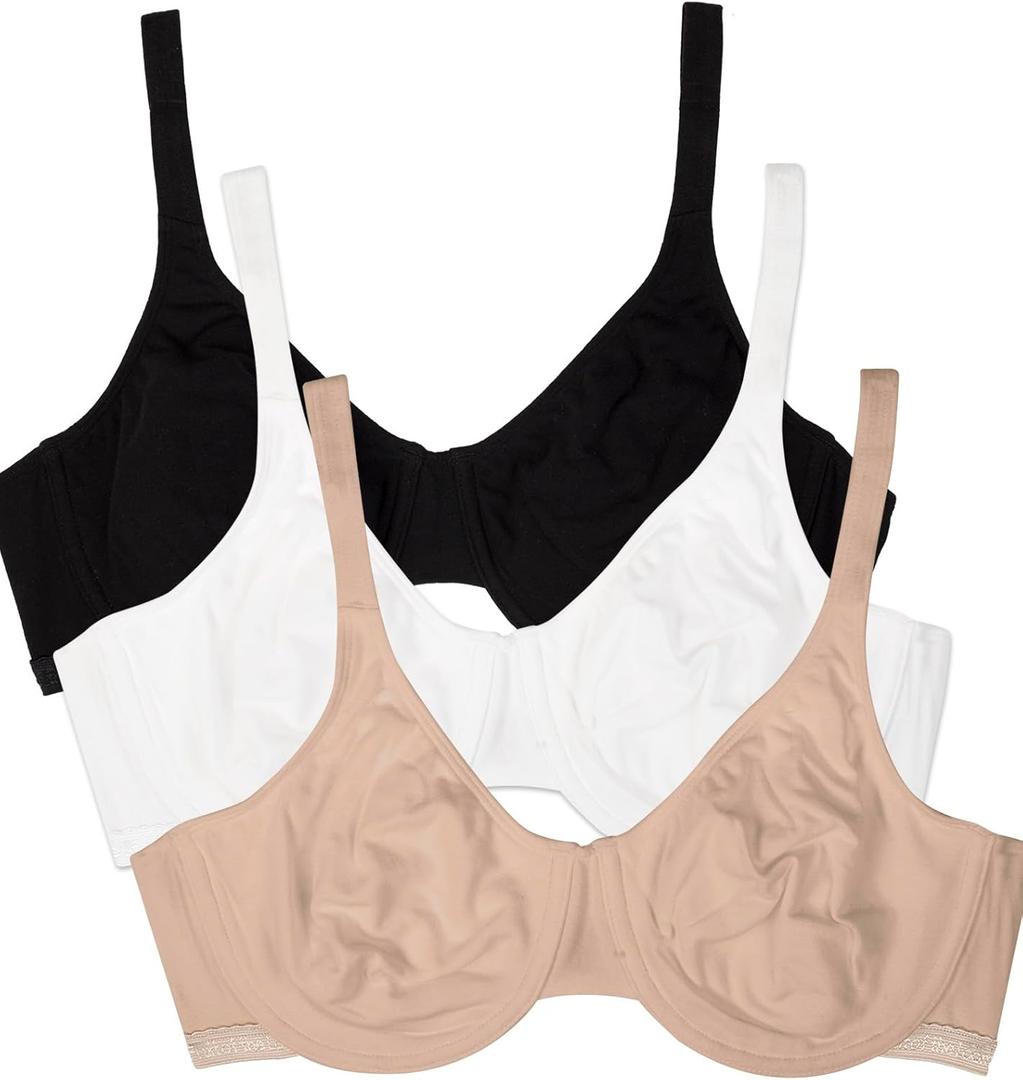 Fruit of the Loom Women's Unlined Underwire Bra-Cotton & Spandex Blend for Natural Shape and Flexibility (40D, Black Hue/Sand/White 86ck)