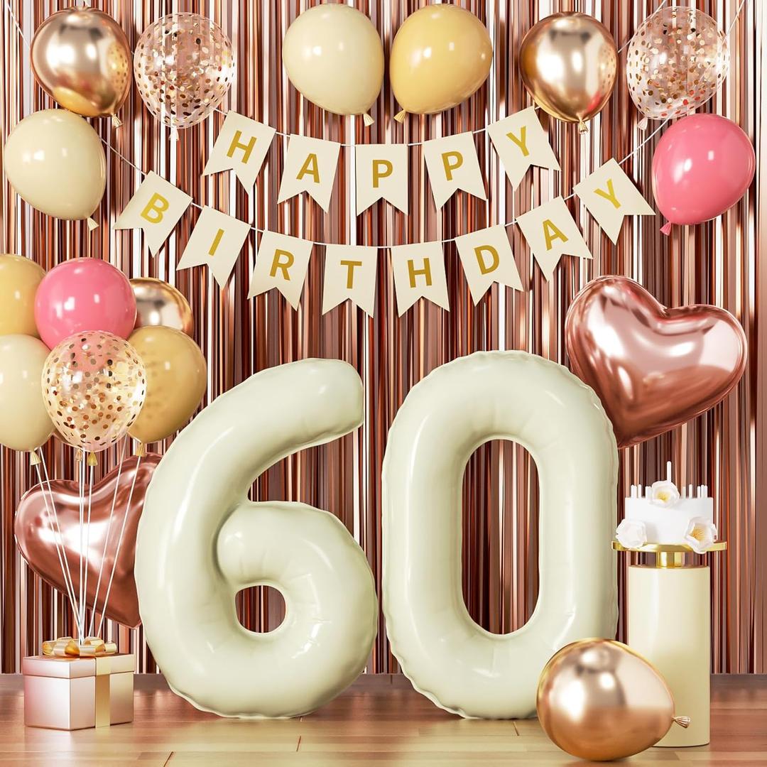 60th Birthday Decorations Women Retro Blush Pink Sixty Sand White Cream Birthday Balloons Happy 60th Banner Rose Gold Number 60 Balloon for 60 Year Old Women Bday Party Decor Foil Streamers Supplies