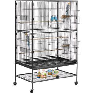 VEVOR Bird Cage, 31.5 x 20.5 x 52 inch, Flat Top, Wrought Iron Bird Flight Cage with Perches, Slide-Out Tray and Plastic Feeders, Casters, for Parrot, Blue Tit, Cockatiel, Canary, and Monk Parakeet