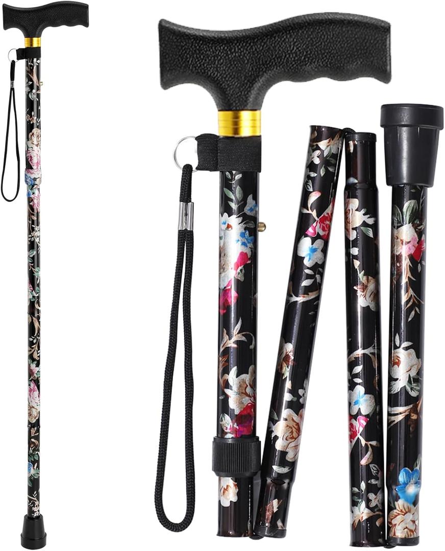 Walking Cane, Cane for Man/Woman | Mobility & Daily Living Aids | 5-Level Height Adjustable Walking Stick | Comfortable Plastic T-Handle Portable Walking Stick Folding Cane (Black)