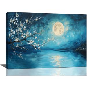 2 x Large Flower Canvas Wall Art Landscape Botanical Painting Blue Plum Flowers Pictures Big Florals Moon Wall Decor Huge Plum Artwork Over Bedroom Modern Home Decorations for Living Room Office 24"x16"