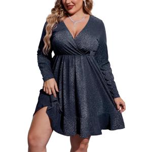 IN'VOLAND Plus Size Womens Glitter Dress V Neck Long Sleeve Ruffle Hem Swing Club Cocktail Party Dresses (Blue2, 24 Plus)