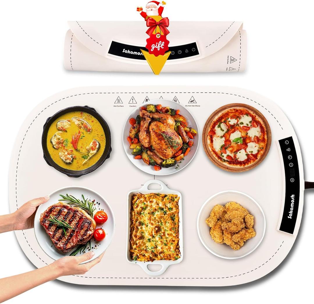 Electric Warming Mat for Food,23"*16" Warming Tray with 7 Adjustable Temp, 10s Fast Heating, 4 Timer Settings, Child Lock, Portable Silicone Heating Tray for Gatherings, Parties, Home Daily Use, Beige