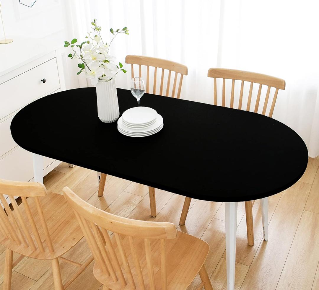 Wolkemer Fitted Oval Tablecloth Spandex Stretch Black Cocktail Table Cover Elastic Edge Topper Cap for Dining Wedding Party Picnic 48 x 72 Inch