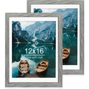 Hongkee 12x16 Picture Frame Set of 2, Rustic Grey Wood Style - Display 12 x 16 Poster without Mat or 11x14 Picture with Mat, Wall Mounting Horizontal and Vertical, Grey