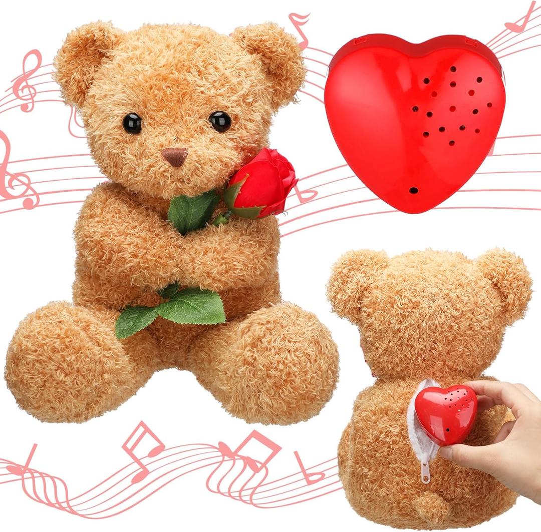 Valentine's Day Bear with Voice Recorder 15" Valentine Heartbeat Bear Gifts Plush Stuffed Animals for Boys Girls with Rose 60 Seconds Voice Sound Recorder Module Plush Recordable Toys