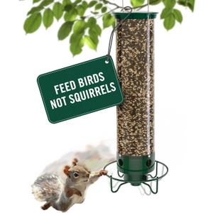 Droll Yankees Squirrel Proof Bird Feeder for Outdoors Rechargeable Weight-Activated Rotating Perch, 5lb Seed Capacity, Metal Base, UV-Stabilized Seed Tube, Hanging Green Yankee Flipper, YF-M