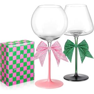 Honeydak 5 Pcs 18 oz Witch Pink Green Crystal Wine Glass Set Includes 2 Theme Wine Glass 2 Glitter Bows and 1 Designed Wrapping Paper for BFF Couples Witch Lover Musical Play & Movie Lovers Gift