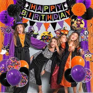 Halloween Birthday Party Decorations, Ghost Pumpkin Halloween Birthday Party Supplies Includes Banner Foil Curtains Backdrop Balloons Hanging Swirl for Indoor Outdoor Decorations