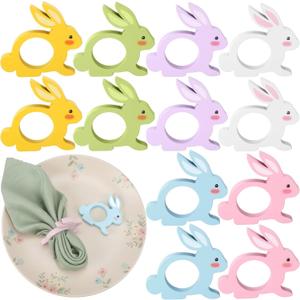Chengu 12 Pcs Colorful Easter Bunny Napkin Rings Wooden Bunnys Napkin Rings Handmade Rabbit Dinner Paper Holders for Easter Spring Party Banquet Dinning Table Decoration (Rabbit)