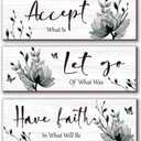3 Pcs Black And White Bathroom Decor Rustic Flower Black Wall Art Accept Let Go Have Faith Farmhouse Bedroom Wall Decor Wooden Inspirational Quotes Grey Decoration for Living Room(Black,12 x 4 Inches)
