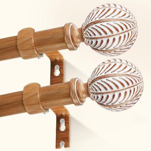 GEEBOBO 2 Pack Wood Boho Curtain Rod, Decorative Curtain Rods for Windows 28 to 48 Inch, 1 Inch Heavy Duty Wooden Drapery Rods for Bedroom, Living Room (30"-60",2 Pack)