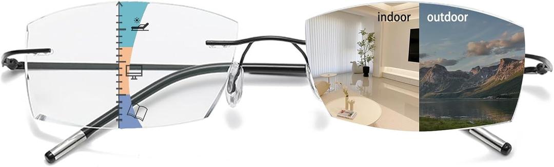 Frameless Progressive Multifocal Reading Glasses Diamond Cut Photochromic Sunglasses Titanium Progressive Readers (Black), 1.0