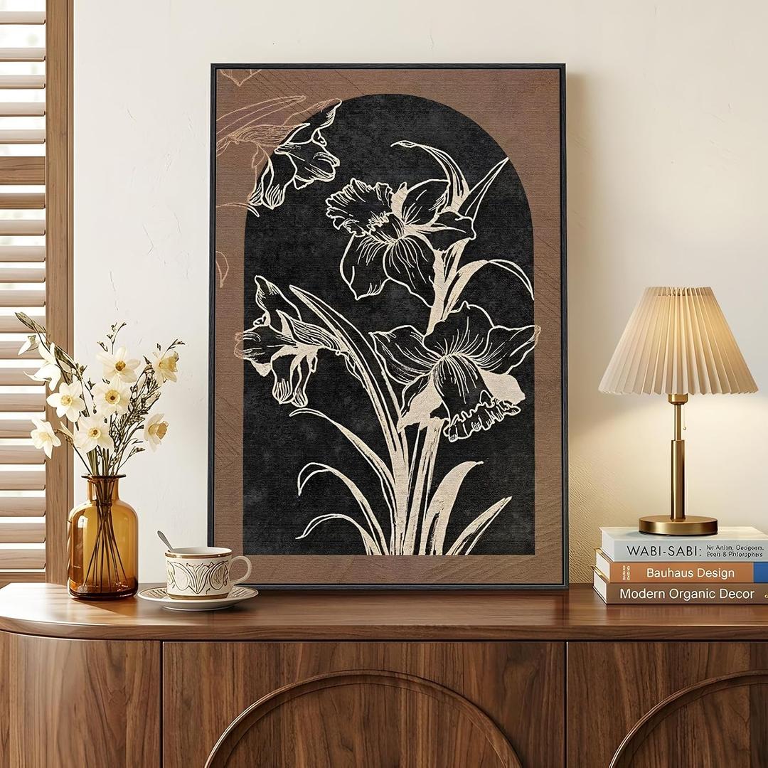Framed Boho Floral Wall Art for Living Room, Abstract Black Brown Flower Canvas Paintings Prints Artwork for Walls, Mid Century Modern Bohemian Pictures Wall Decor for Bedroom Home Office, 24x36 Inch