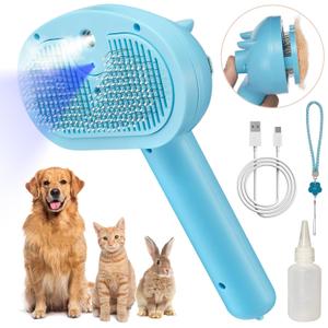 Pet Steam Hair Comb Brush for Shedding, 4 In 1 Spray Brush for Long & Short Haired Cat&Dog, Self-Cleaning Hair Remover with Water Tank And LED Blue Light, Release Button, (Blue)
