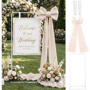 LEIFIDE Wedding Welcome Sign Stand with Giant Bow Adjustable Wedding Sign Holder with 2 Leather Hanging Straps Seating Chart Easel for Birthday Bridal Shower Home Party Decor(White)