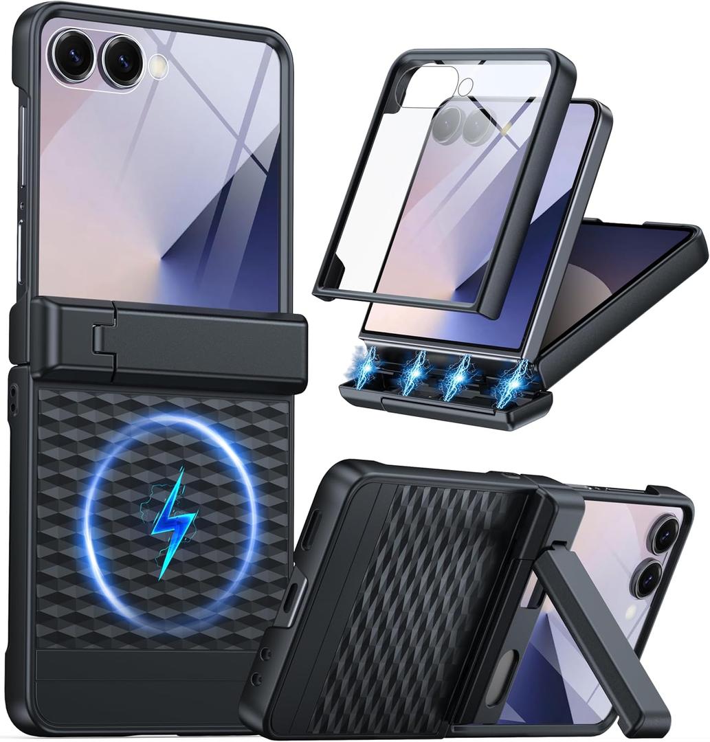 Magnetic for Samsung Galaxy Z Flip 7 Case [Hinge ProtectionKickstand][Compatible with MagSafe][Built-in Screen Protector] Full-Body Military Protection Phone Case for Samsung Z Flip 7 Black