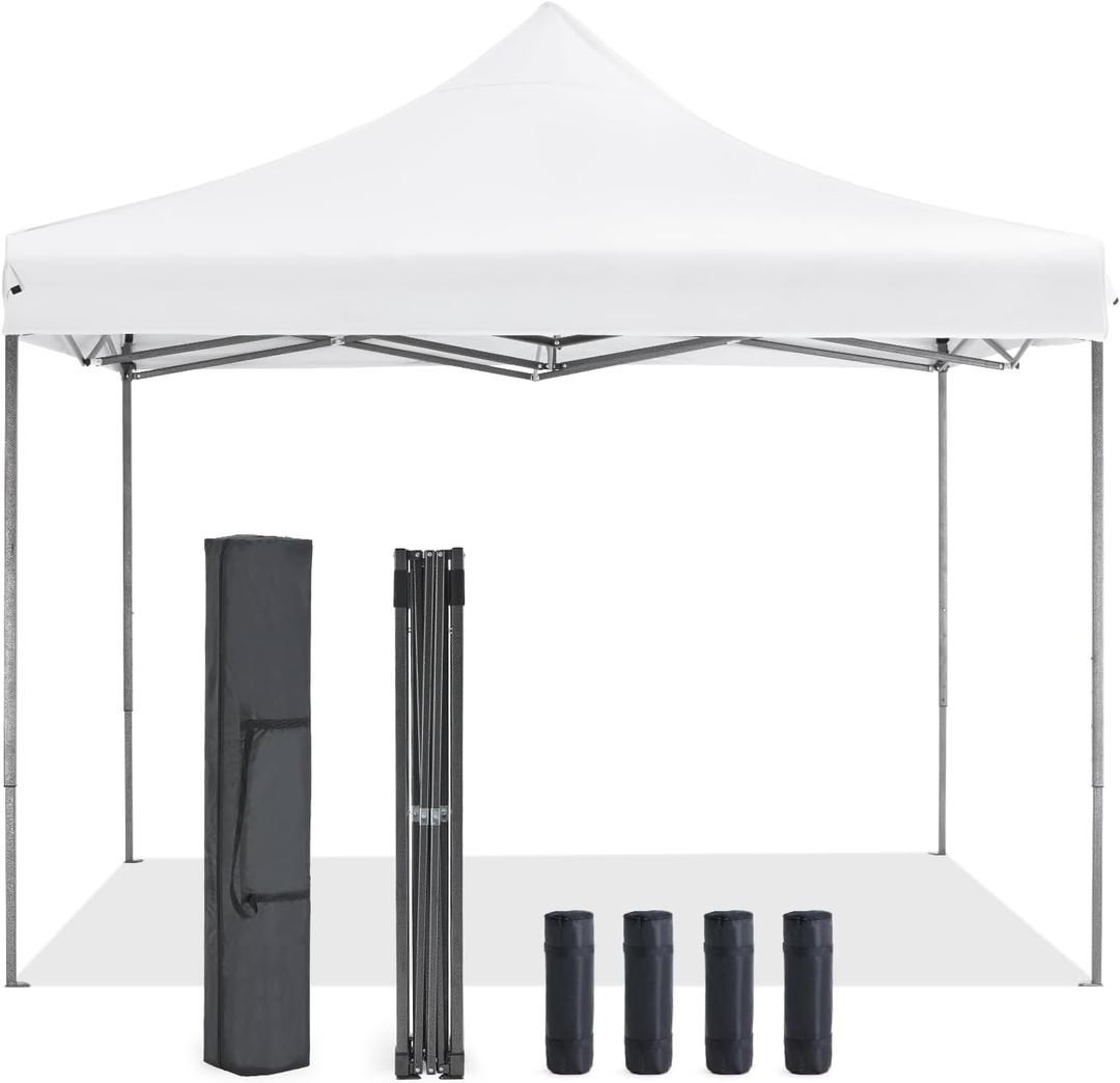 OLIXIS 10x10 Ft Pop Up Canopy Tent, Waterproof Portable Outdoor Shade Canopy with Sand Bags for Beach, Backyard Parties & Events, Pure White