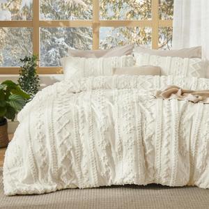 Bedsure Tufted Boho Comforter Set Oversized Queen - Ivory Boho Bed Set, GentleSoft 3 Pieces Farmhouse-Style Embroidery Bedding, Gifts for Woman, Soft Jacquard Comforter for All Seasons