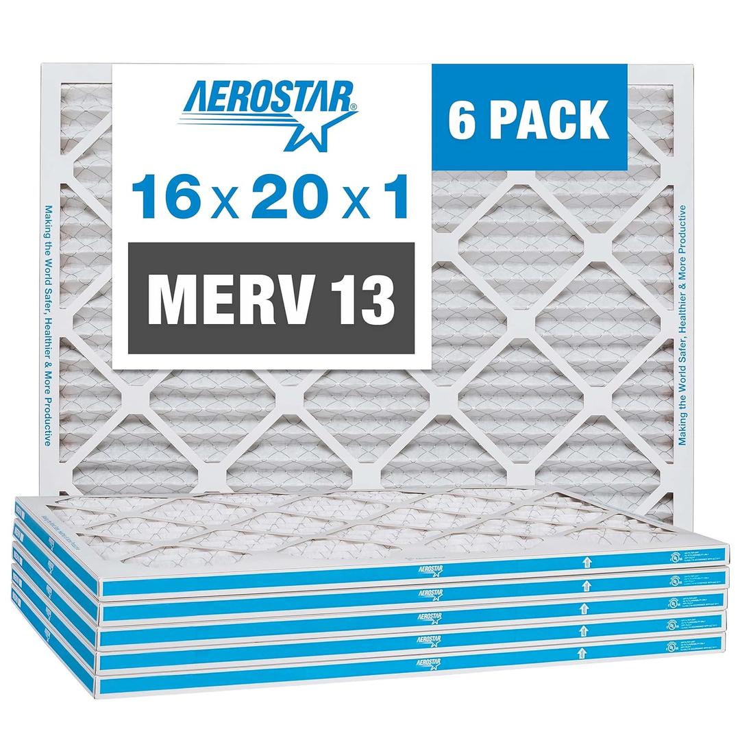 Aerostar 16x20x1 Air Filter MERV 13 (For Allergies, Dust, Lint, Mold, Pet Dander, Smoke, Smog & Bacteria) - Electrostatic MPR 1500 - 1900 & FPR 10 - Pleated HVAC AC Furnace Air Filters - Pack of 6
