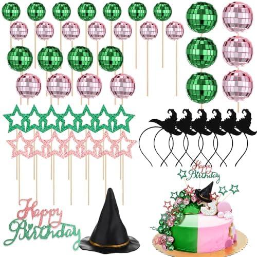 100 Pcs Witch Princess Theme Birthday Party Supplies Witch Party Favors Disco Ball Cake Toppers Accessories Pink and Green Decorations, (Wizard Hat)