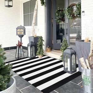 Collive Black and White Outdoor Rug 3'x 5', Hand Woven Washable Striped Outdoor Rug,Farmhouse Front Porch Rug Decor,Welcome Layered Door Mats for Front Door Entryway Patio Kitchen