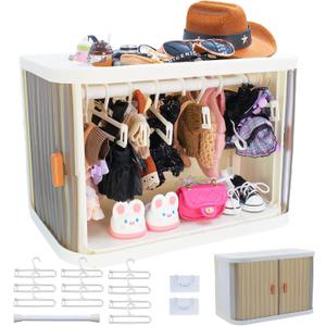 Foldable Doll Wardrobe Storage Box Compatible with Labubu Clothes with 10 Hangers & Rod - Stackable Organizer Cabinet for 15/17cm Doll Clothes with Dust-Resistant Cover and Display Shelf