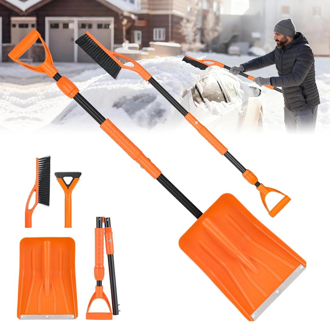 49.6" Snow Shovel Kit for Driveway Car Snow Kit with Snow Cleaning Brush Ice Scraper, Foldable Manual Snow Removal Tool, 3-Piece Detachable Winter Car Emergency Set, Orange