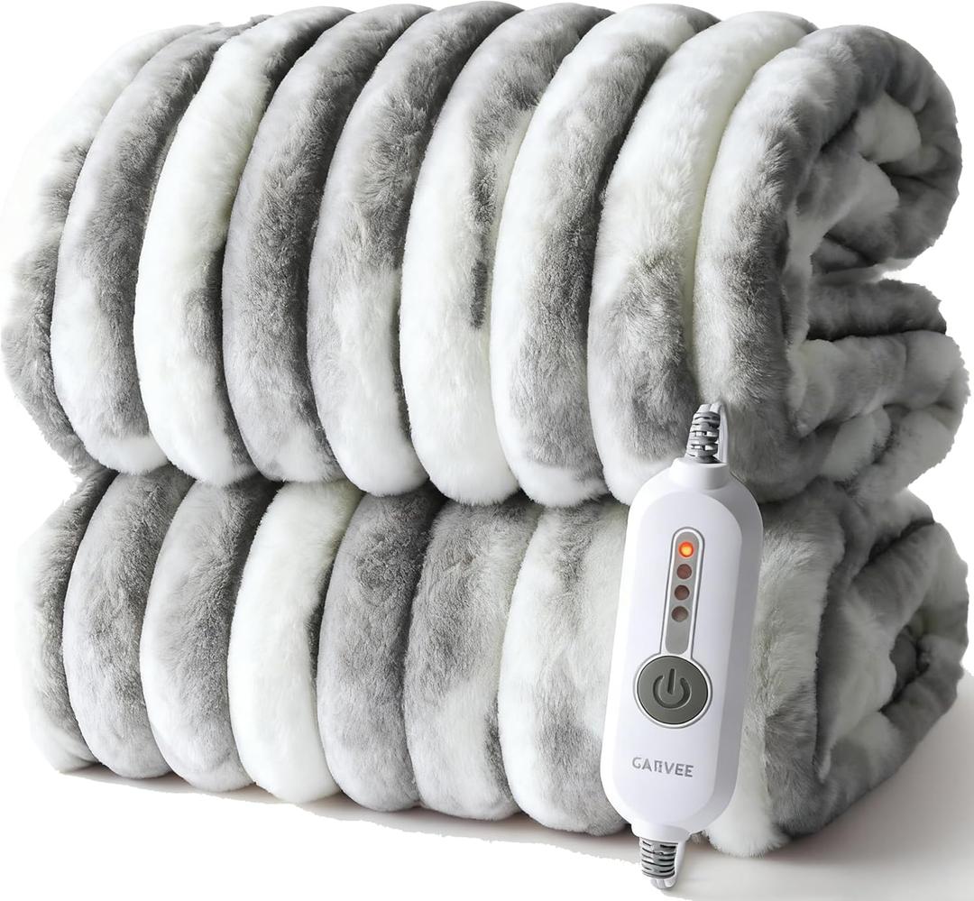 GarveeHome Electric Blanket Heated Throw, Heated Blanket Cozy Faux Rabbit Fur with 4 Heating Levels & 4 Hours Auto Off, Over-Heat Protection, Machine Washable, ETL Certification, Marble Gray 50"x60"