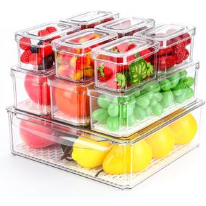 10 Pack Fridge Organizer, Stackable BPA-Free Refrigerator Organizer Bins with Lids, Fruit Storage Containers for Fruit Vegetable Food Drinks Cereals Clear