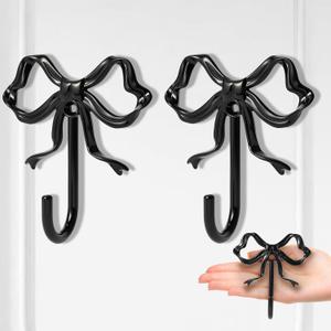 2 PCS Large Size Black Bow Wall Hook, Black Coat Hook, Metal Hooks, Bow Room Decor Hooks for Coats, Coffee Mugs, Hats, Bags, Bath Towels and Room Decorations