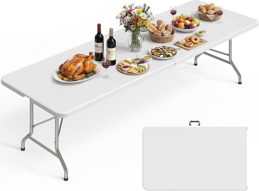 Pureegg 8FT Folding Table - No Assembly Required, Versatile Dining Table with Carrying Handle & Tabletop Safety Lock, Portable Foldable Table for Party, Craft, Camping, Picnic, White