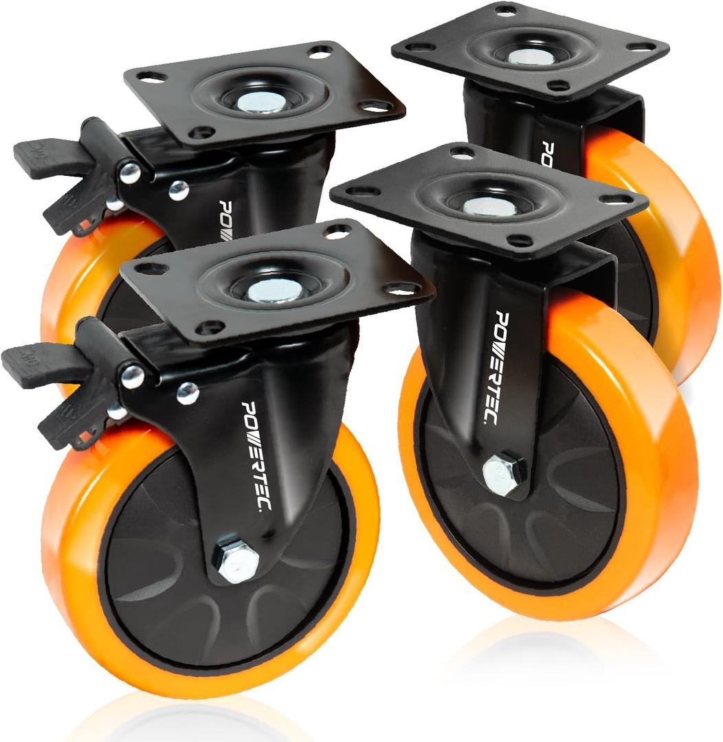 POWERTEC 6 Inch Swivel Caster Wheels Set of 4 with Dual Locking Brake, Heavy Duty Industrial Grade - Castor Wheels Ideal for Heavy Equipment, Automotive Workshop, Cart, Dolly and Workbench (17216)