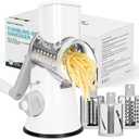 X Home Rotary Cheese Grater for Kitchen, Shredder with 3 Interchangeable Blades, Rotary Grater with Handle and Strong Suction Base, for Vegetables, Fruit, Nuts, Easy to Use and Clean, White