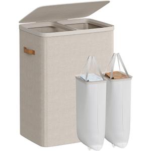 SONGMICS Laundry Basket, 44.9 Gal. Laundry Hamper, 2 Compartments, Easy Assembly, with Lid and Handles, Removable Liners, 22 x 15.7 x 29.5 Inches, Cappuccino Beige ULCB813L01, 170 L
