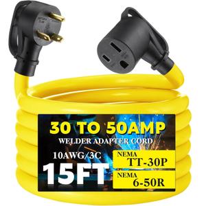 Tellegloww 15Feet TT-30P to 6-50R Welder Adapter Extension Cord Compatible with NEMA, 30Amp to 50Amp 3 Prong Generator RV to 3 Prong Welder Adapter, STW 10 AWG/3C, 250V 7500 Watt, ETL Listed