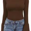 MANGOPOP Long Sleeve Mock Neck Shirts for Women Bell Sleeve Turtle Neck Tops Basic Going Out Tee Blouse (Large, Coffee)