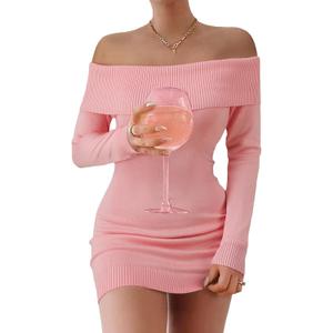 FAIRY SEASON Women's 2025 Off The Shoulder Sweater Mini Dress Long Sleeve Bodycon Cocktail Party Dresses (Medium, Pink)
