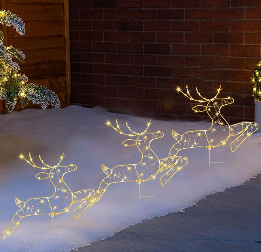 Christmas Pathway Lights Outdoor, 3-Piece Reindeer with 8 Lighting Modes Pre-lit LED Yard Stakes Christmas Holiday Garden Decoration