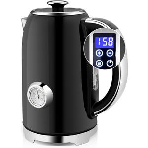 SUSTEAS Electric Kettle Temperature Control - 57oz Hot Water Boiler with Thermometer, 1500W Fast Heating Stainless Steel Tea Kettles, Cordless LED Indicator, Auto Shut-Off & Boil Dry Protection,Black